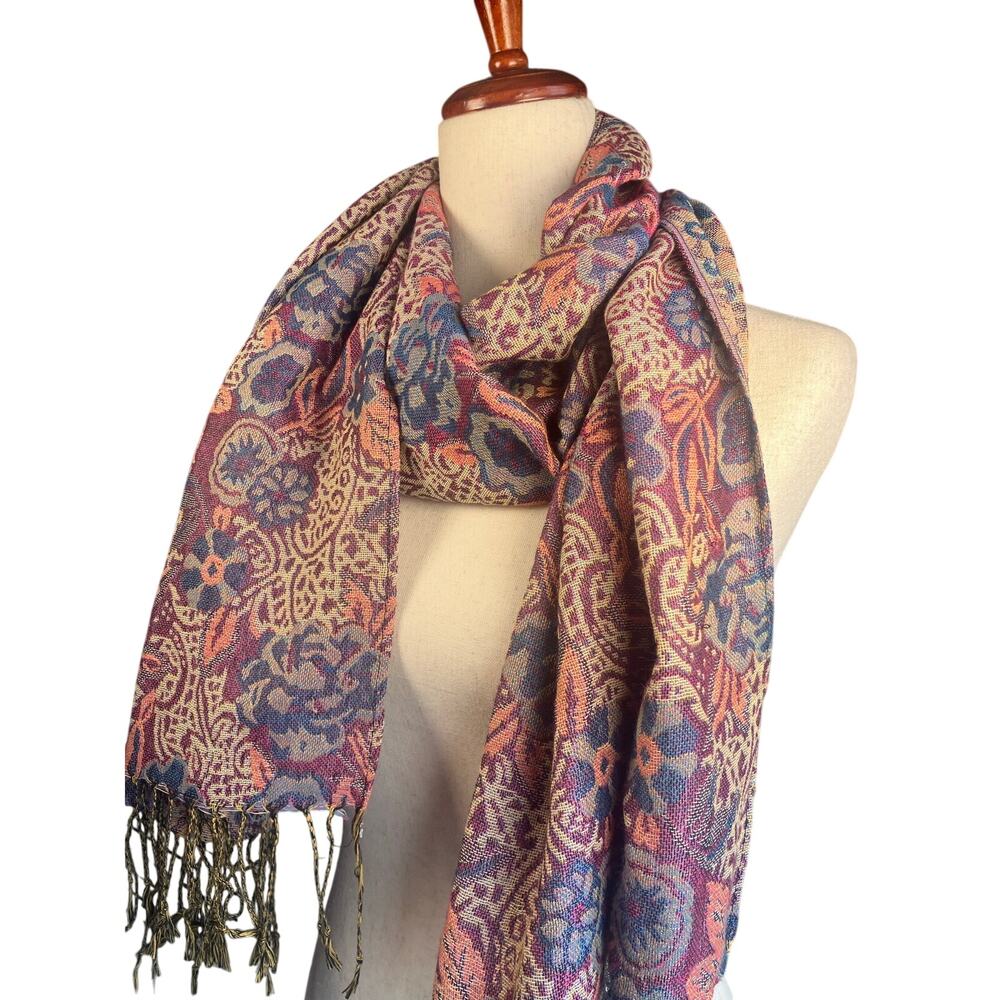 Burgundy Blue Paisley Floral Woven Scarf Shawl Fringe Wrap Boho